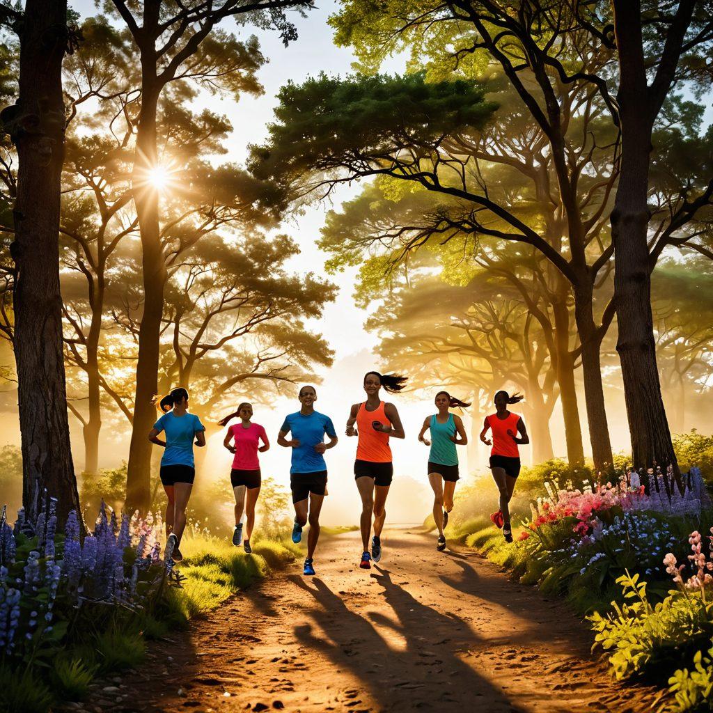 A scenic sunrise view of a diverse group of runners on a picturesque trail, radiating joy and determination. Incorporate elements of a heart-shaped path made of running shoes, symbolizing love for fitness. Surround the scene with vibrant trees and blooming flowers to highlight the connection between passion and nature. Capture a sense of community and shared energy among the runners. super-realistic. vibrant colors. natural setting.
