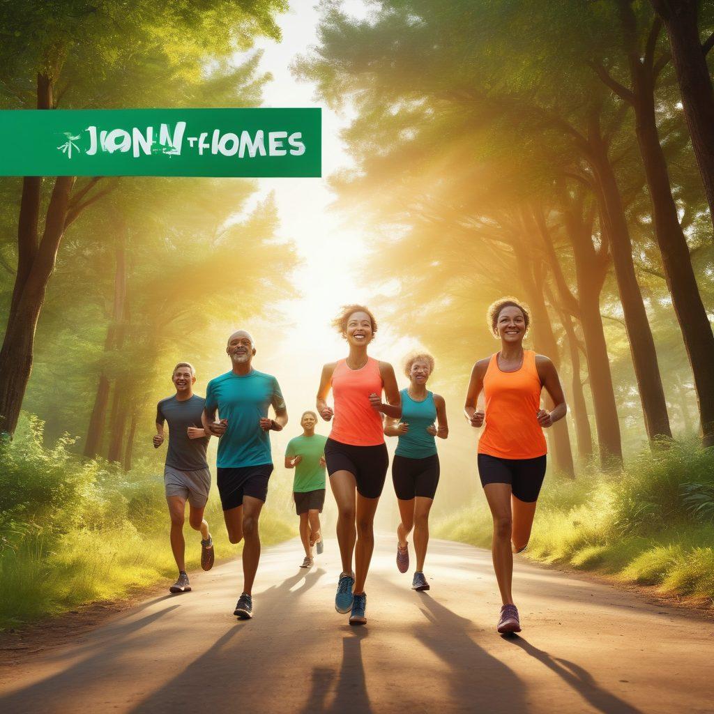 A diverse group of enthusiastic runners of various ages and backgrounds jogging together on a scenic trail, their expressions full of joy and determination. Surround them with lush green trees and a soft sunrise in the background, symbolizing hope and new beginnings. Include elements of community, like a banner that reads 'Join the Movement'. vibrant colors. super-realistic.