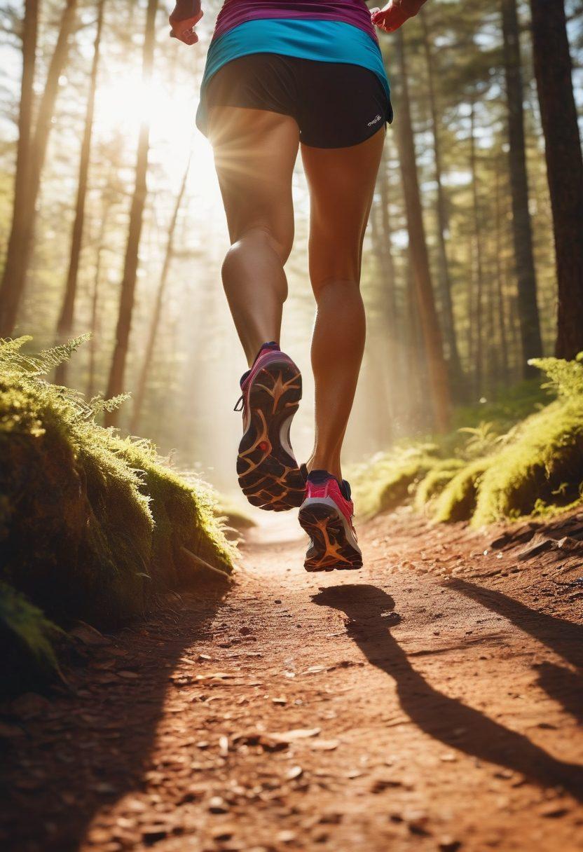 A vibrant display of essential running supplies, including colorful running shoes, high-quality moisture-wicking clothing, and energy gels, arranged in an appealing layout. The background features an open trail with a runner in mid-stride, symbolizing movement and fitness transformation. Sunlight filters through the trees, casting dynamic shadows. The scene captures the excitement of running and the journey towards fitness. super-realistic. vibrant colors. outdoor setting.